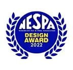 NESPAA Design Award 2022 emblem featuring a blue circular badge with laurel leaves, highlighting recognition in design excellence within the pool and spa industry.