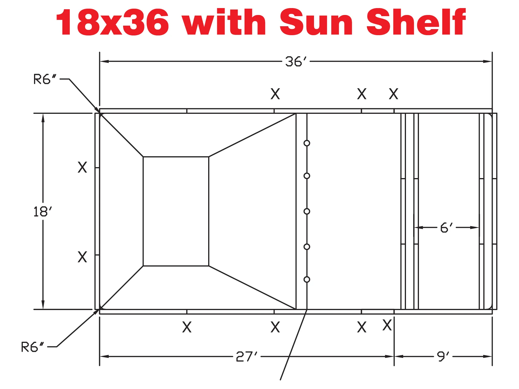 Diagram of an 18x36 structure featuring a sun shelf, including detailed dimensions and design specifications for construction.