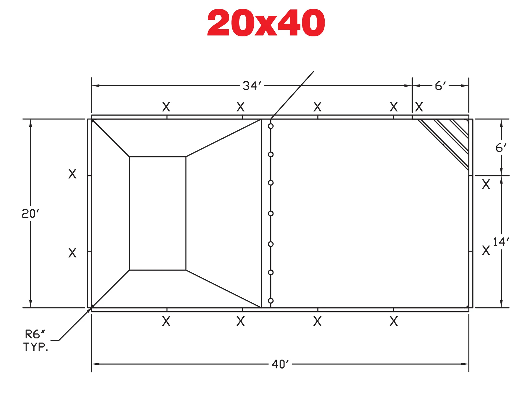Diagram of a 20x40 tent layout with detailed dimensions, showcasing the structure's design and measurements for planning and setup.