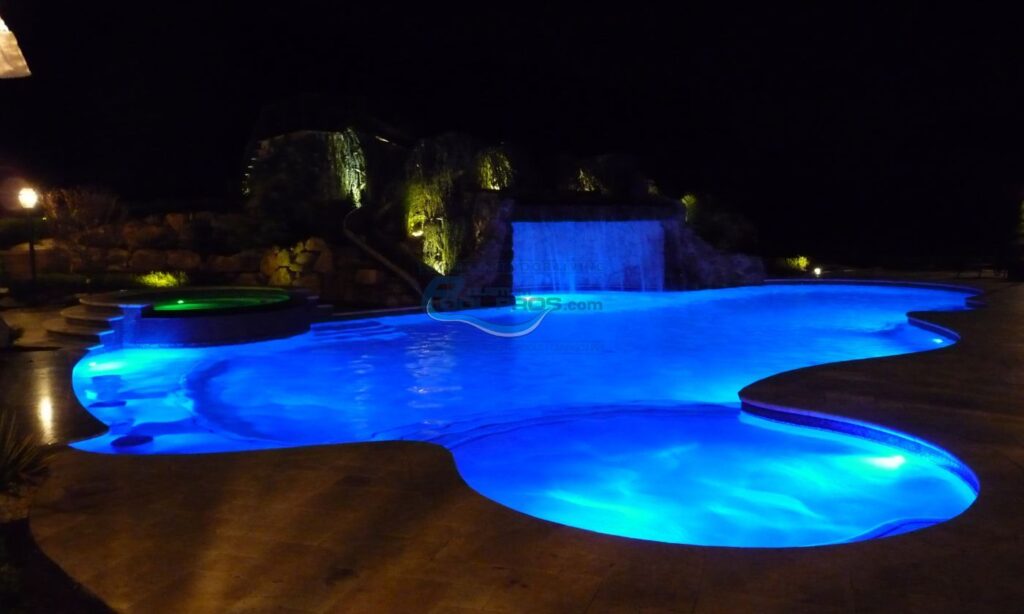inground pool lights at night installation, luxury swimming pool, pool builders