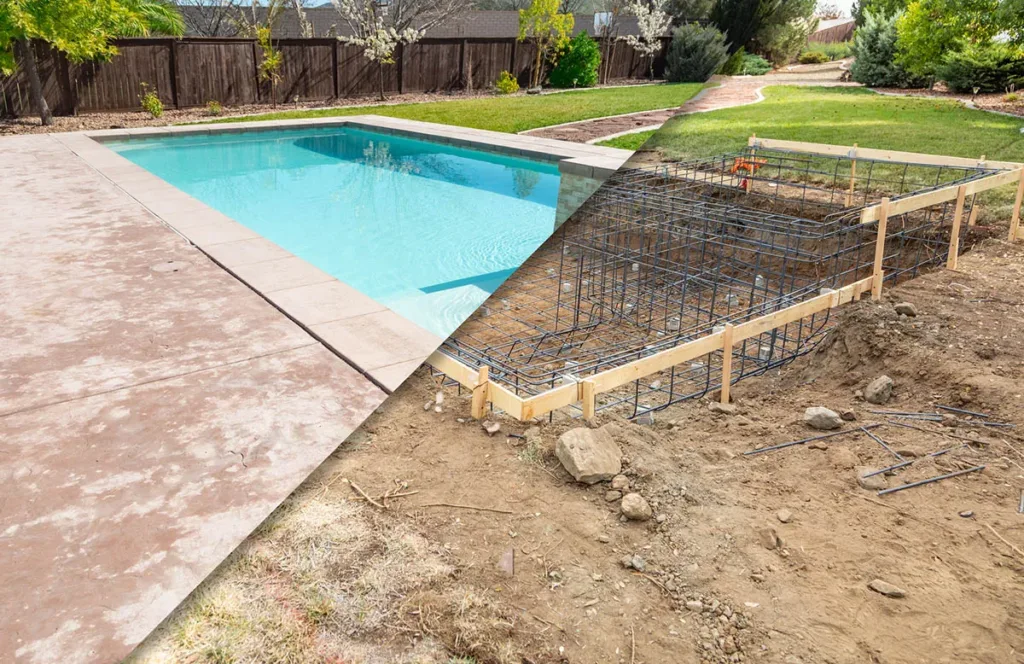 Before and after collage of a completed inground pool.